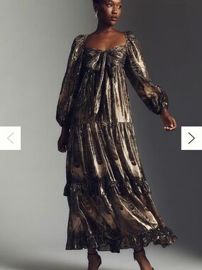 Metallic Peacock-Print Long Sleeve Maxi Dress - Black/Gold